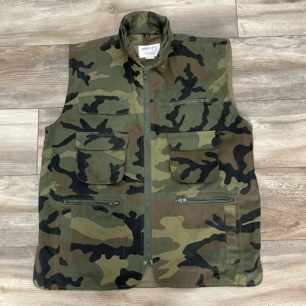 KIFFE Products Ranger Vest Mens Large Woodland Camo Tactical Utility Hooded